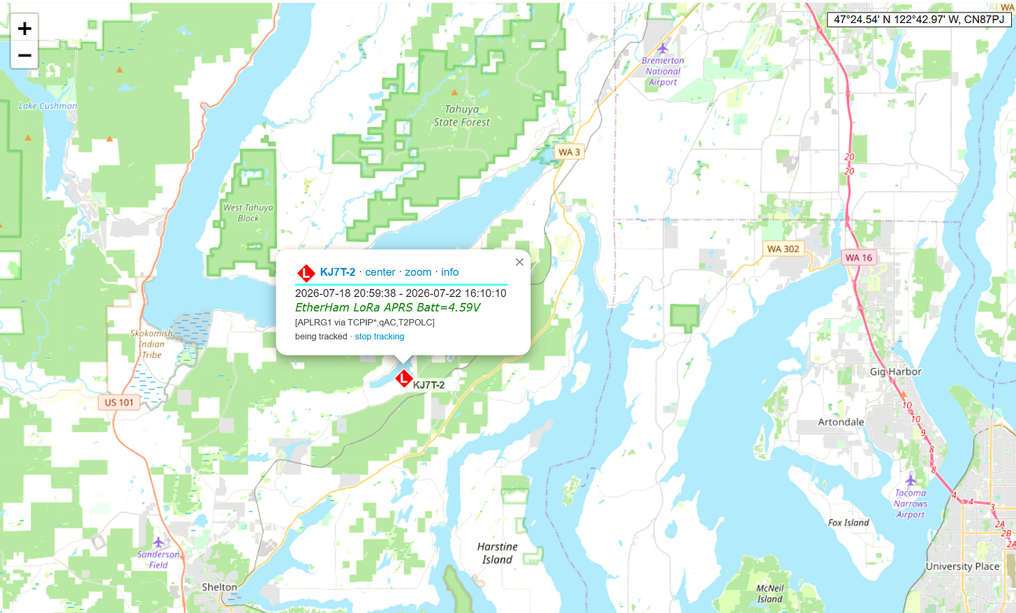KJ7T-2 LoRa APRS shown on aprs.fi (screenshot)