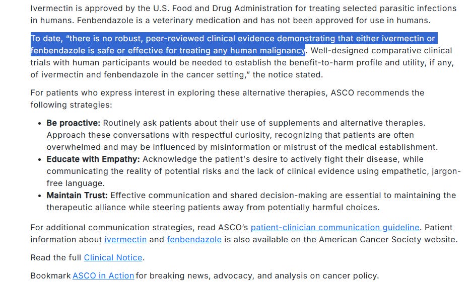 ASCO Warns Against Using Successful Ivermectin and Fenbendazole | Recommends Cancer Causing COVID-19 Vaccines | Pure Evil