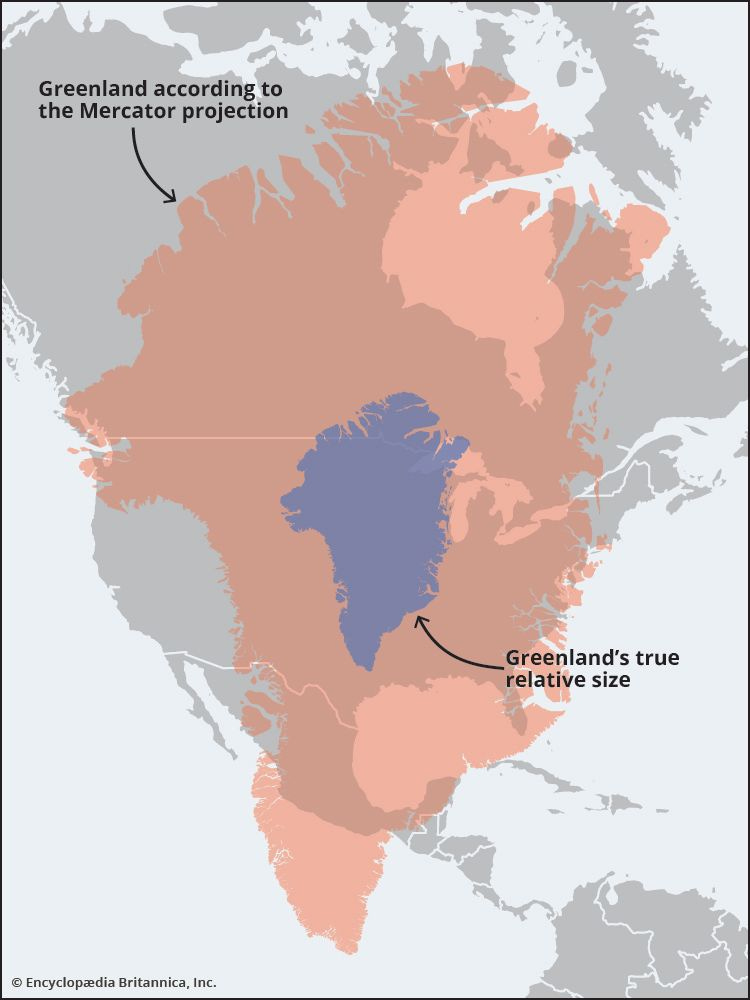 Map comparing the size of Greenland to the size of the United States using different mapping projections. Mercator.