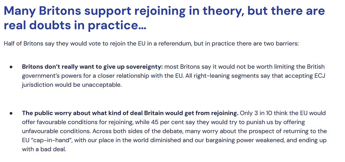 Britons don’t really want to give up sovereignty: most Britons say it would not be worth limiting the British government’s powers for a closer relationship with the EU. All right-leaning segments say that accepting ECJ jurisdiction would be unacceptable
