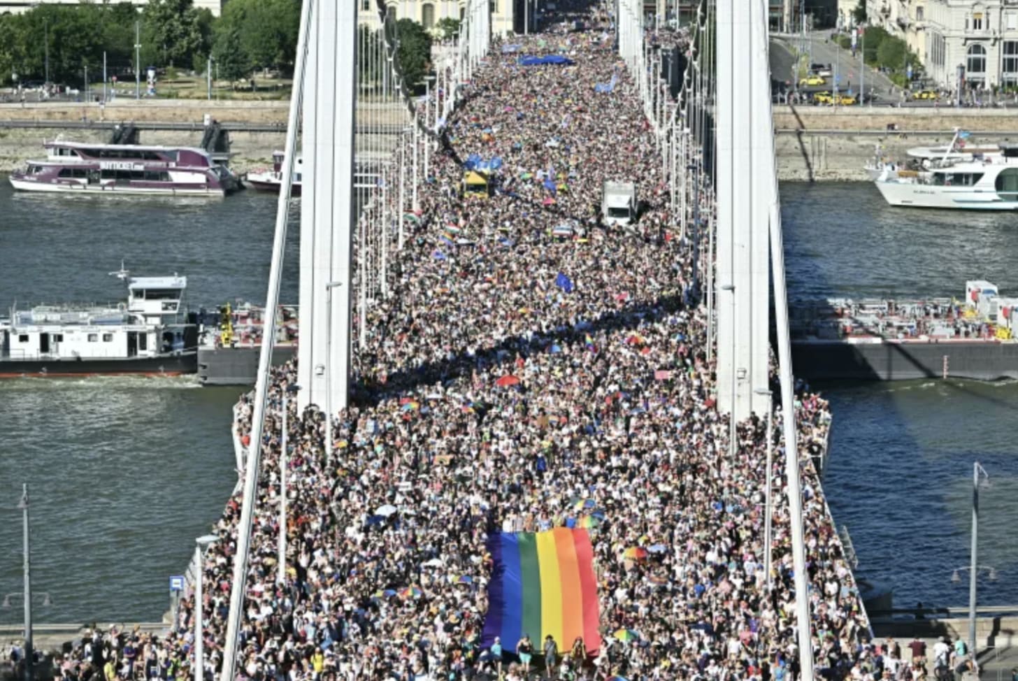 A large crowd of people walking on a bridge AI-generated content may be incorrect.