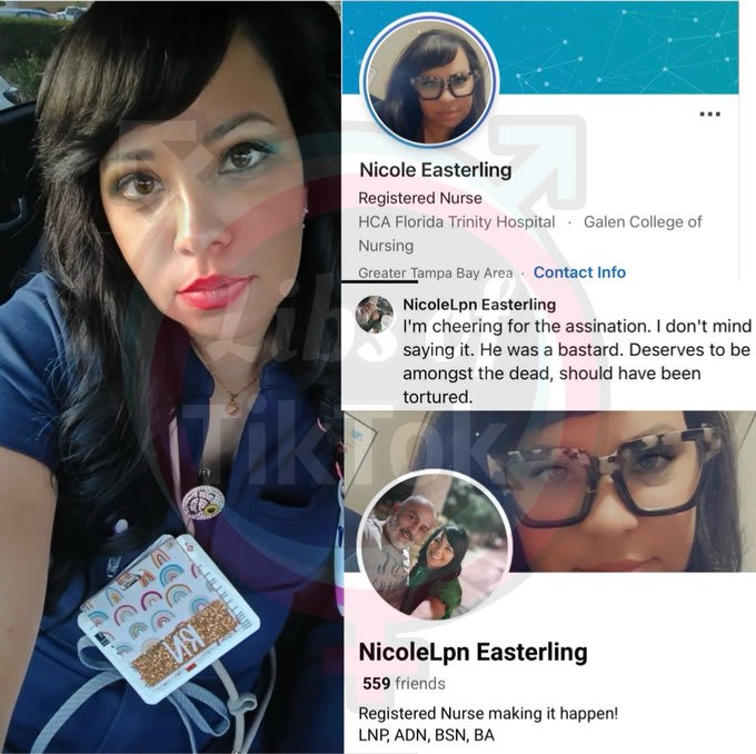 Nicole Easterling wearing a nurse badge with a rainbow design. She has dark hair and is dressed in a blue uniform. Text overlays include her name, "Registered Nurse HCA Florida Trinity Hospital Galen College of Nursing Greater Tampa Bay Area Contact Info," and social media profile details.