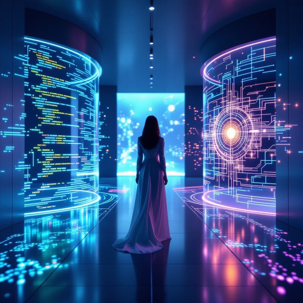 A beautiful professional woman, with a thoughtful, visionary expression, stands between two distinct holographic pathway…