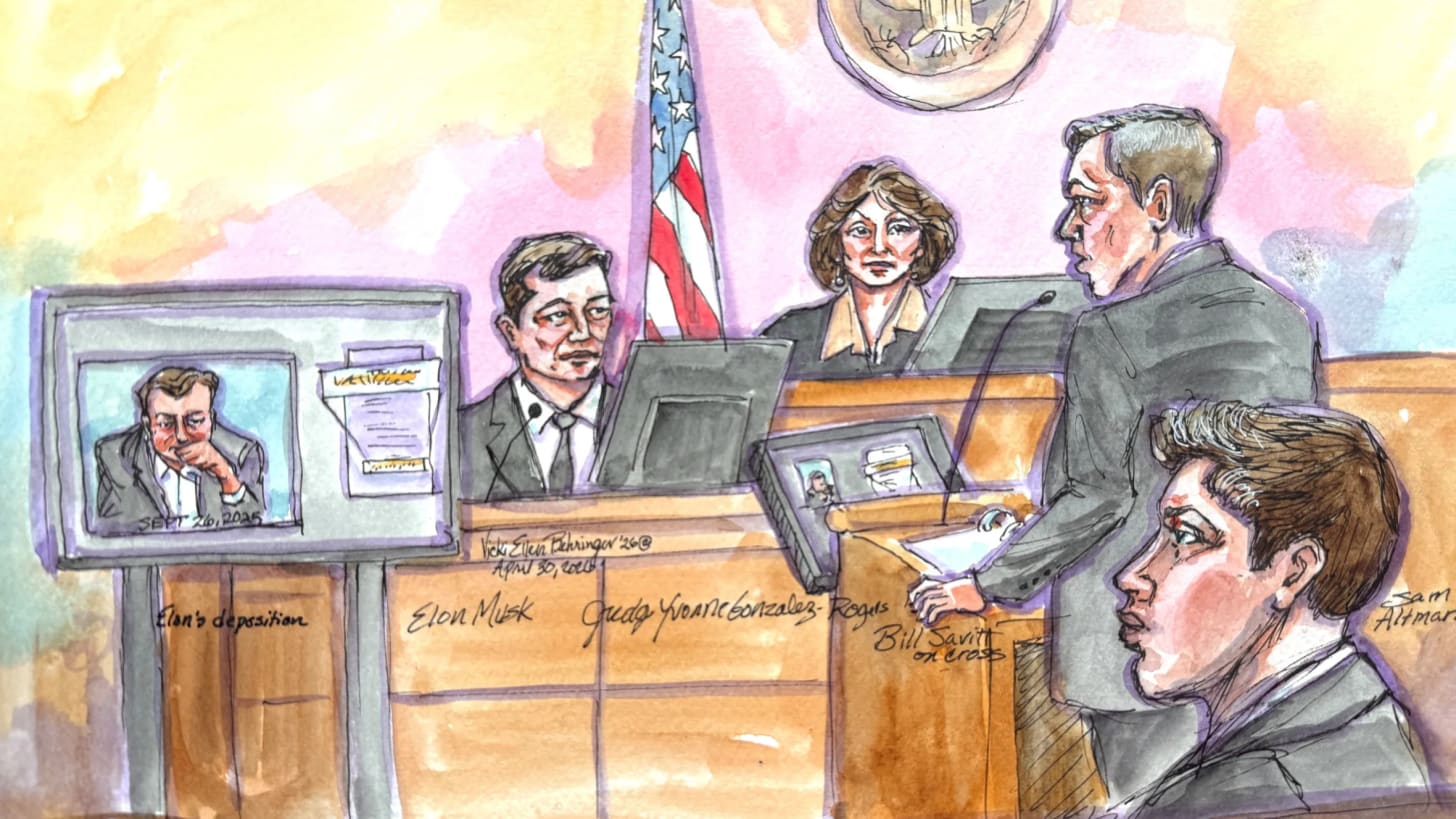 Illustration of OpenAI attorney William Savitt cross-examining Elon Musk while his deposition is played on a screen, with Sam Altman sitting in the foreground.