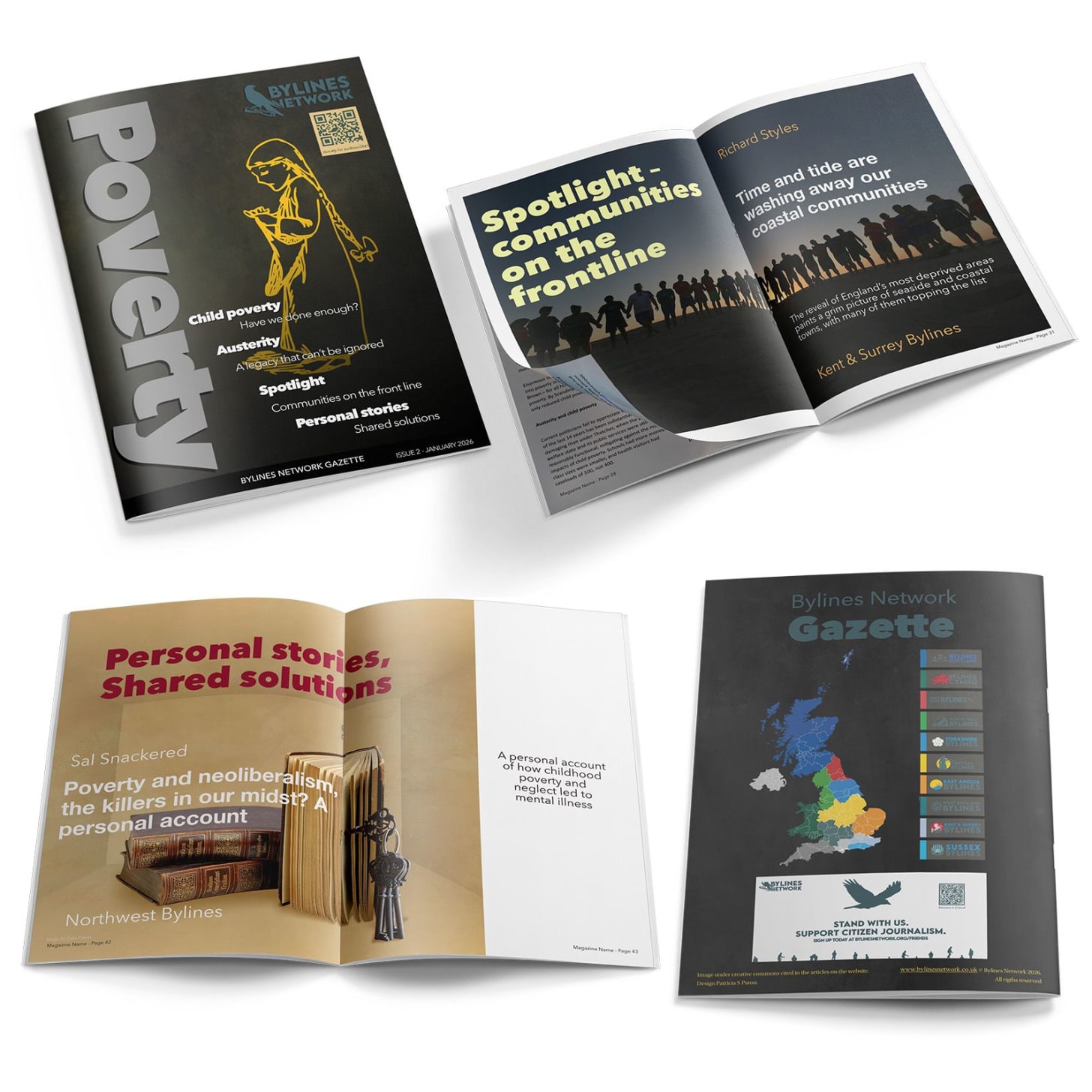 Images of the Bylines Network Gazette - cover, centre spread, article headling and contents page