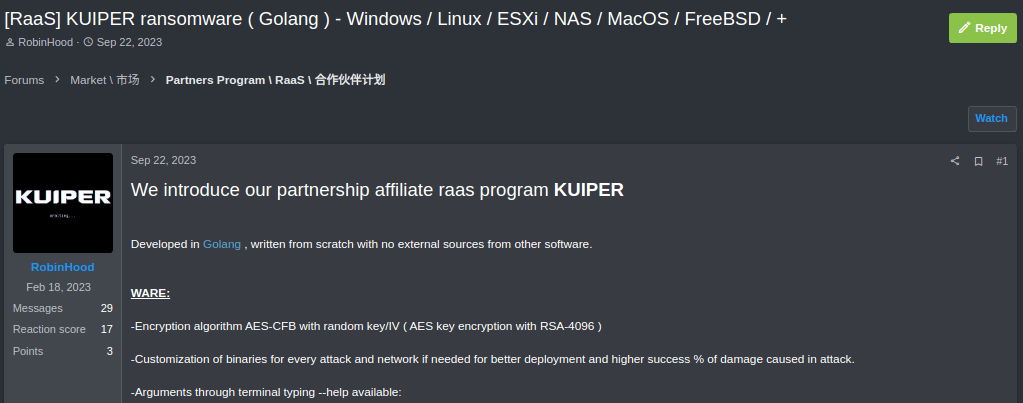 An ad for the Kuiper ransomware RaaS