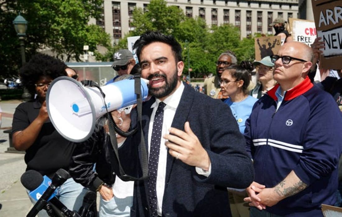 Zohran Mamdani, New York State Assemblyman and mayoral candidate for New York City, speaks at an emergency rally held by the Working Families Party to criticize the Trump administration, after ICE agents arrested Ras Baraka, mayor of Newark and New Jersey Democratic candidate for governor, at Foley Square in New York City, May 10, 2025.