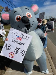 A person in a koala garment holding a sign AI-generated content may be incorrect.