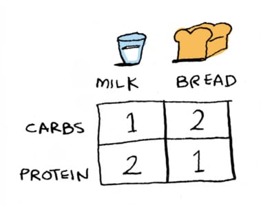Milk has one gram of carbs and two of protein, bread has two carbs and one protein (not really, but this keeps the math simple) Milk has one gram of carbs and two of protein, bread has two carbs and one protein (not really, but this keeps the math simple)