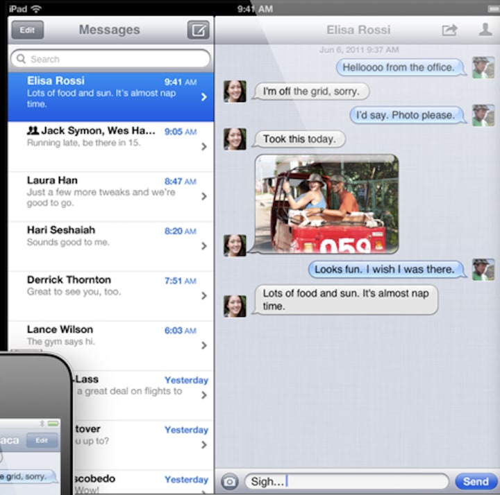Marketing images for iOS 5 featuring fake text messages