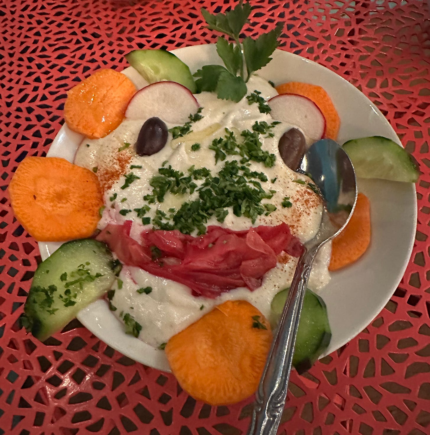 Photo of a hummus plate that I ate in San Francisco with my friend Alison Leiby before a show at Cobb's Comedy Club. It looks like a happy face, with olives and radishes for eyes and pickled onions for lips. Photo of a hummus plate that I ate in San Francisco with my friend Alison Leiby before a show at Cobb's Comedy Club. It looks like a happy face, with olives and radishes for eyes and pickled onions for lips.
