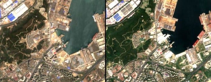 Context view, April 2022 (left) and August 2026 (right). The bare graded plot on the west shore of the inlet becomes the white-roofed Bostar complex with pier and berths. Source: Copernicus Sentinel-2, processed from open data.