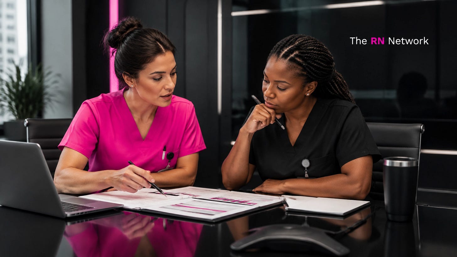 Nurses in pink and black scrubs discuss hospital operations documents at a table, with The RN Network logo