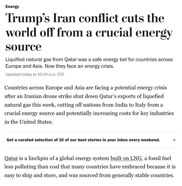 19 a.m. EST 7 min Make us preferred on Google Qatar shut down production of liquefied natural gas this week at a plant in Doha after Iranian attacks targeting energy installations. (Getty Images) By Evan Halper and  Anthony Faiola  Countries across Europe and Asia are facing a potential energy crisis after an Iranian drone strike shut down Qatar’s exports of liquefied natural gas this week, cutting off nations from India to Italy from a crucial energy source and potentially increasing costs for key industries in the United States.