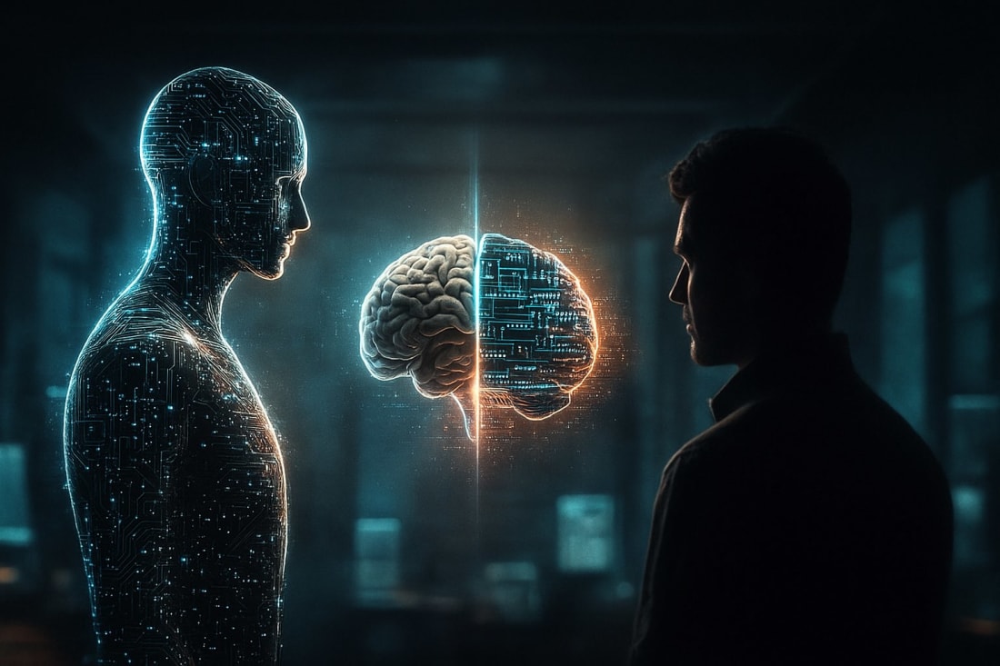 A glowing digital figure made of circuitry faces a human shadow while a half human, half digital brain floats between them, illustrating the idea of artificial imitation of thought.