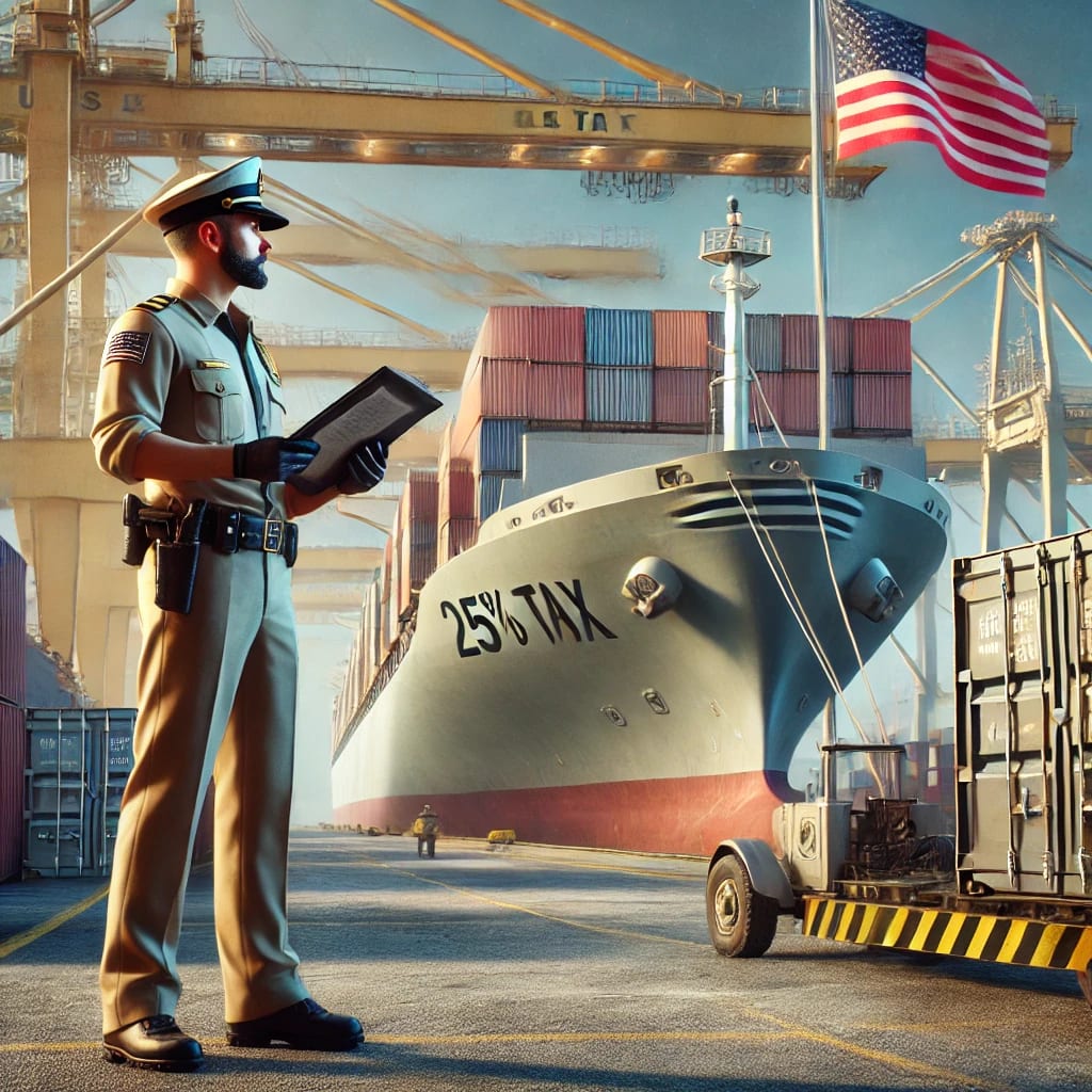 A hyper-realistic image of a large cargo ship at a U.S. port, undergoing inspection by a U.S. border officer. The officer, dressed in an official uniform, holds a document labeled '25% Tax' while addressing the ship's captain, who appears surprised. The environment includes detailed shipping containers, towering cranes, and an American flag waving in the background. The scene is depicted in a highly detailed, photorealistic style with sharp lighting, textures, and lifelike expressions.