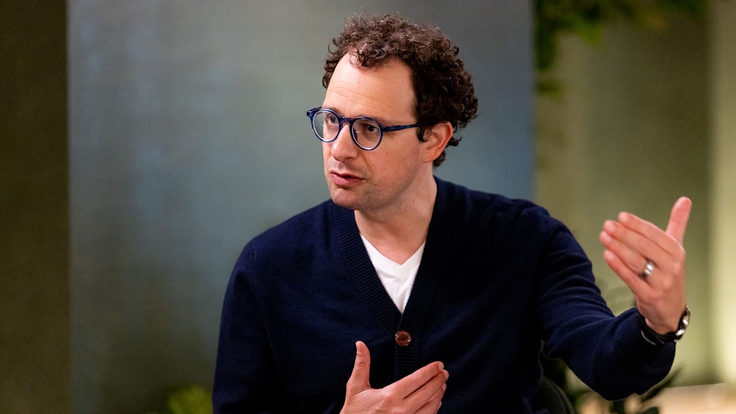 Dario Amodei, co-founder and chief executive officer of Anthropic, during an interview on "The Circuit with Emily Chang" at Anthropic's headquarters in San Francisco, California, US, on Thursday, April 30, 2026. Anthropic is testing a different version of leadership, one where the CEO protects nearly all of his time for big-picture conversations, organizational culture, and giving input on research direction and strategy, rather than managing people in senior leadership roles. Photographer: Jason Henry/Blo