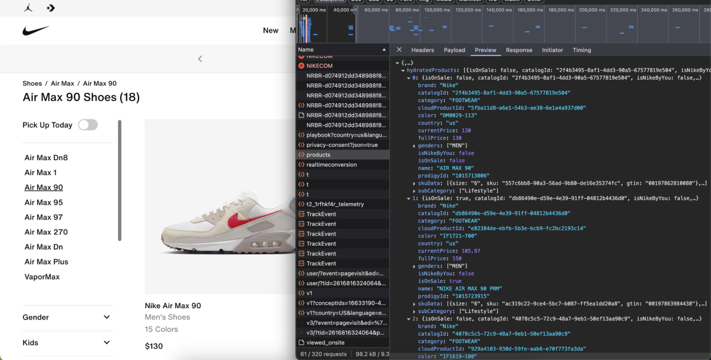 Developer tools displaying JSON product data alongside the Nike Air Max 90 product listing on a website. Developer tools displaying JSON product data alongside the Nike Air Max 90 product listing on a website.
