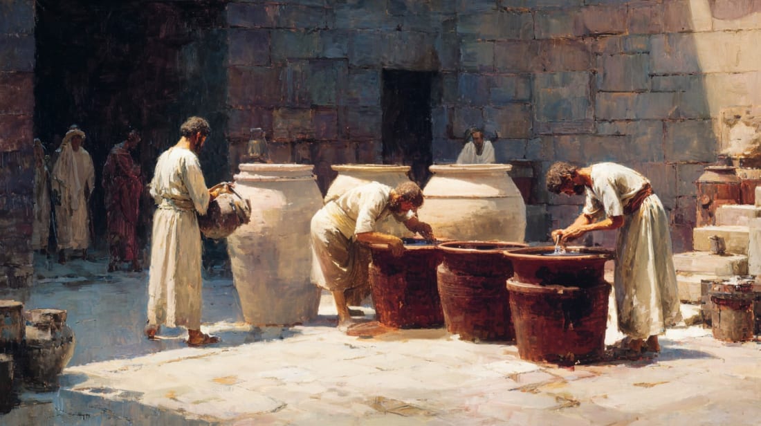 A painterly scene of an ancient Jewish wedding courtyard shows servants filling large stone water jars from clay pitchers, while others draw liquid from similar jars into smaller vessels. The jars stand in a row, and the servants work quietly without visible spectacle.