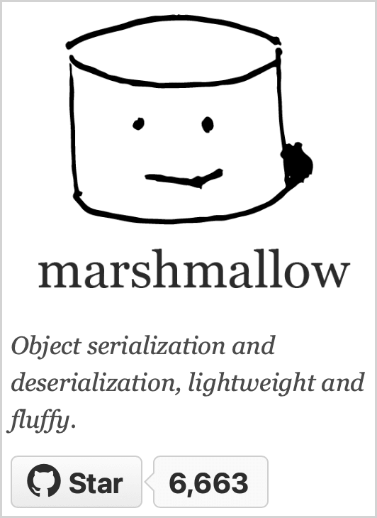 Sketch of a marshmallow with a smiley face; also the description "Object serialization and deserialization, lightweight and fluffy". The library has 6,663 stars on GitHub. Sketch of a marshmallow with a smiley face; also the description "Object serialization and deserialization, lightweight and fluffy". The library has 6,663 stars on GitHub.