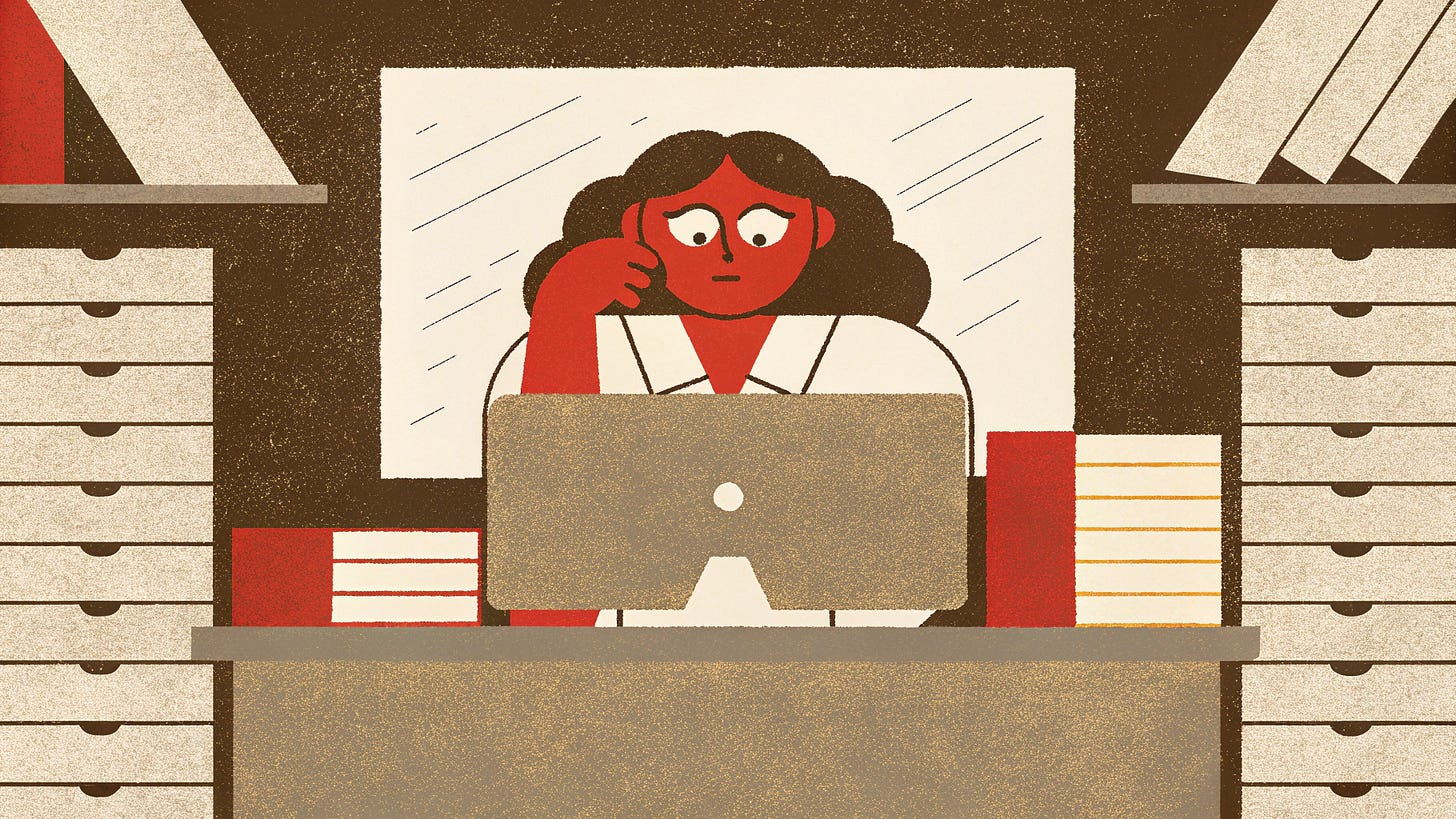 Illustration of a woman at a desk surrounded by filing cabinets and stacks of documents, looking overwhelmed while working on a laptop.