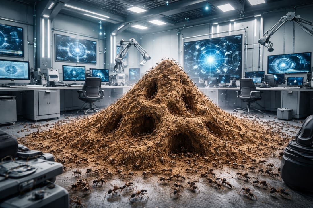A futuristic AI laboratory filled with computer screens and robotic arms, overtaken by a large ant hill as ants swarm across the floor, symbolizing collective intelligence growing inside a human-built system.