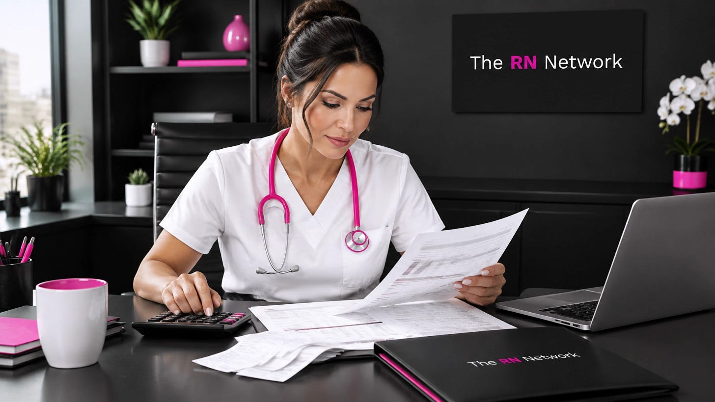 A nurse consultant in white scrubs calculates business expenses at a desk, with The RN Network logo