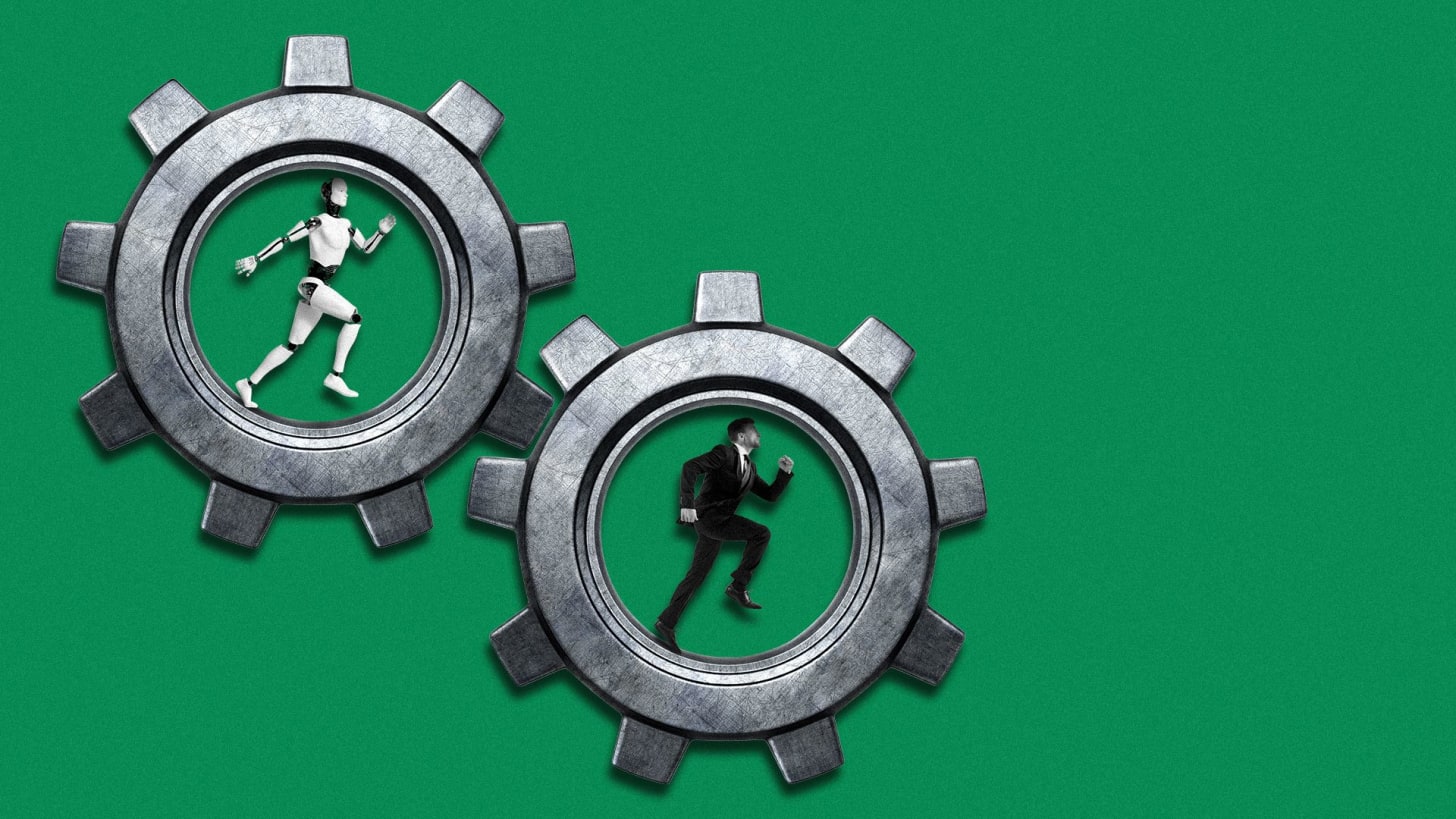 Illustration of a man in a business suit and a robot running inside of two connected gears.