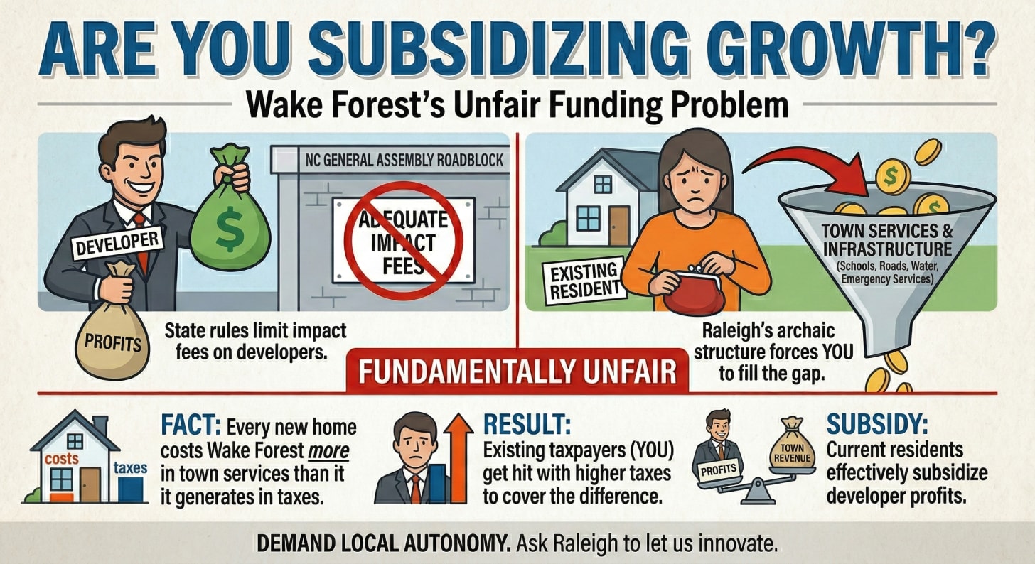 This is an infographic with illustrations and text that presents an argument about municipal finance in Wake Forest, North Carolina. The main headline is "ARE YOU SUBSIDIZING GROWTH?" in large blue text, followed by "Wake Forest's Unfair Funding Problem" in black text.  The top of the infographic features illustrative panels. On the left, a "DEVELOPER" figure holding bags of money with "$" and "PROFITS" tags is shown next to an "NC GENERAL ASSEMBLY ROADBLOCK" and a red "no entry" sign over "ADEQUATE IMPACT FEES." A text box says: "State rules limit impact fees on developers." On the right, an "EXISTING RESIDENT" with an empty purse is shown by a house, while a large funnel is labeled "TOWN SERVICES & INFRASTRUCTURE (Schools, Roads, Water, Emergency Services)." A text box states: "Raleigh's archaic structure forces YOU to fill the gap." A red box in the middle says: "FUNDAMENTALLY UNFAIR".  The bottom section of the infographic details four factual points with icons. From left to right:      A house icon with bar graphs shows 'costs' for town services are higher than 'taxes' generated, with text: "FACT: Every new home costs Wake Forest more in town services than it generates in taxes."      A stressed resident figure with a rising graph arrow next to him, and text: "RESULT: Existing taxpayers (YOU) get hit with higher taxes to cover the difference."      A developer and a balance scale showing 'PROFITS' outweighing 'TOWN REVENUE', with text: "SUBSIDY: Current residents effectively subsidize developer profits."      A map showing "Wake Forest Town Limits".  A final text line at the bottom states: "DEMAND LOCAL AUTONOMY. Ask Raleigh to let us innovate."