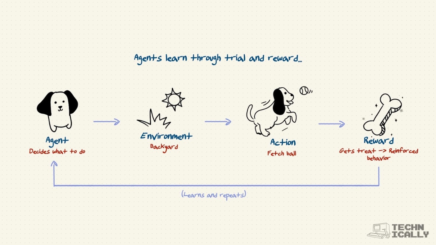 Reinforcement learning loop showing a dog fetching a ball for a reward.