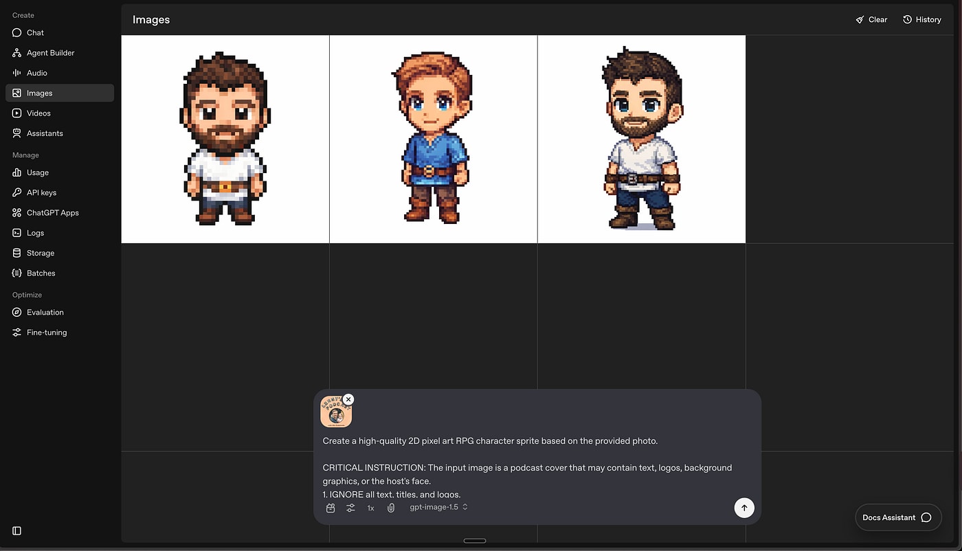 Dark-themed OpenAI Playground ‘Images’ screen showing three small pixel art character sprites (two bearded men in white shirts and one younger character in blue shirt and brown pants) above a prompt box instructing the model to create a high-quality 2D pixel art RPG character sprite from a photo while ignoring text and logos, captioned ‘OpenAI Playground for testing prompts.