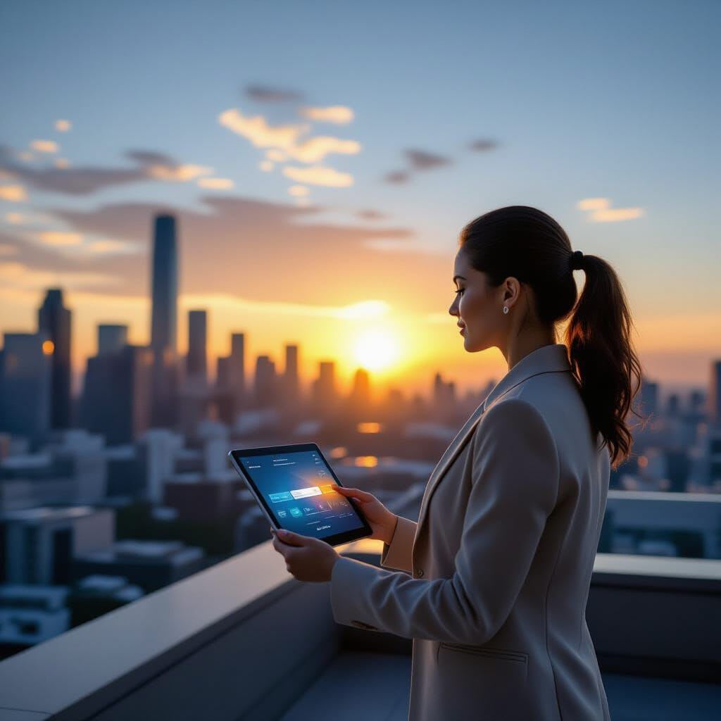 Hero shot, low angle. A forward-thinking female business professional standing on a rooftop terrace at sunrise. They are…