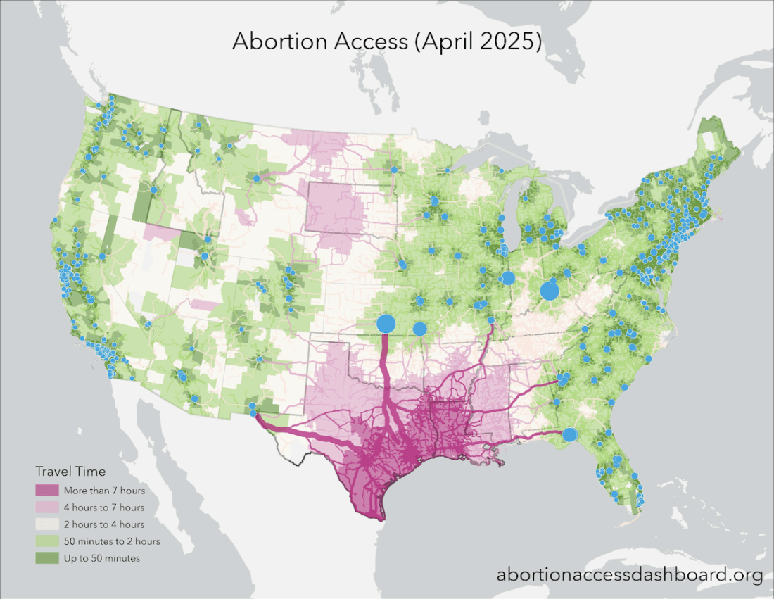 Abortion access map from April 2025
