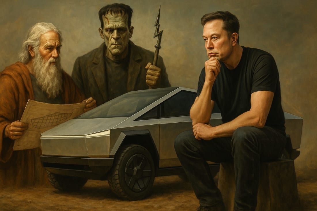 A satirical illustration showing Noah holding ark blueprints and Dr. Frankenstein with a lightning rod, standing on either side of Elon Musk, who sits on a Tesla Cybertruck with his hand on his chin as if choosing between them. The image visually contrasts Musk’s futuristic influence with biblical preservation and technological hubris.