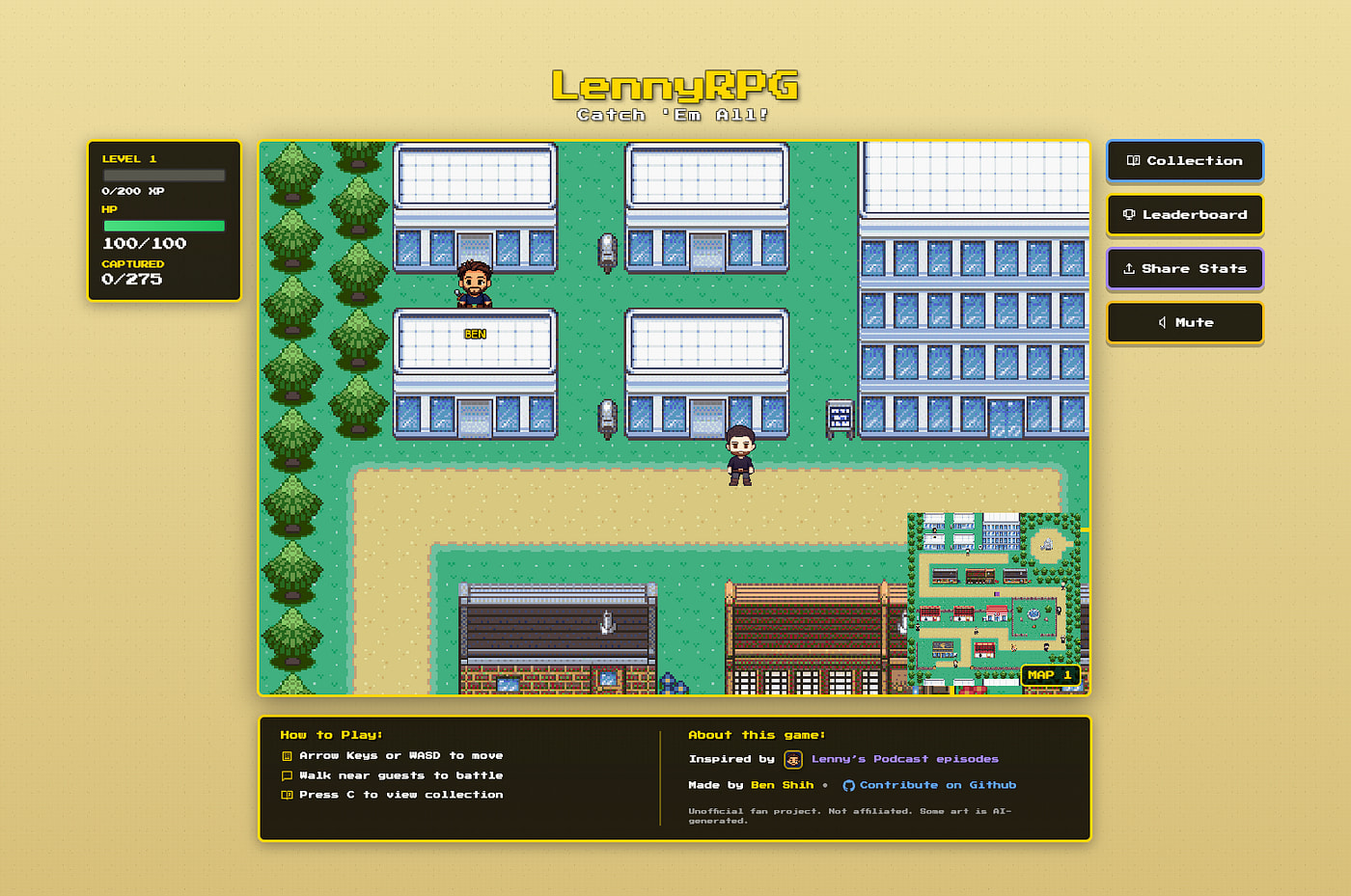 Pixel-art game interface titled ‘LennyRPG: Catch ’Em All!’ showing a colorful town map with trees, grass, and buildings and a small character in the center, with a left panel displaying player stats (Level 1, 0/200 XP, 100/100 HP, captured 0/275), a ‘How to Play!’ box explaining movement, battling quests, and pressing C to view collection, right-side buttons for Collection, Leaderboard, Share Stats. Pixel-art game interface titled ‘LennyRPG: Catch ’Em All!’ showing a colorful town map with trees, grass, and buildings and a small character in the center, with a left panel displaying player stats (Level 1, 0/200 XP, 100/100 HP, captured 0/275), a ‘How to Play!’ box explaining movement, battling quests, and pressing C to view collection, right-side buttons for Collection, Leaderboard, Share Stats.