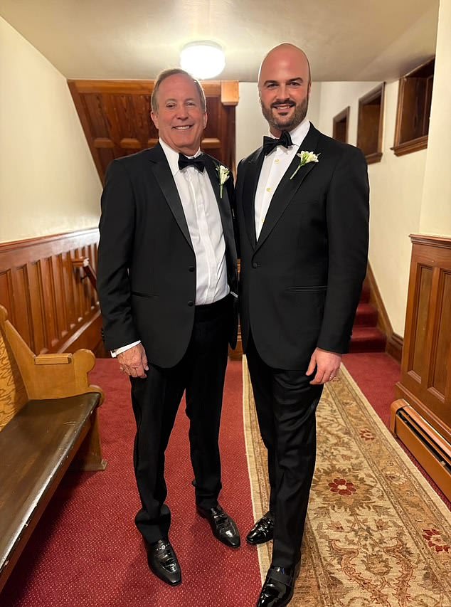 Texas Attorney General Ken Paxton (left) poses with fellow groomsmen and AG staffer Aaron Reitz (right) at the Aspen wedding