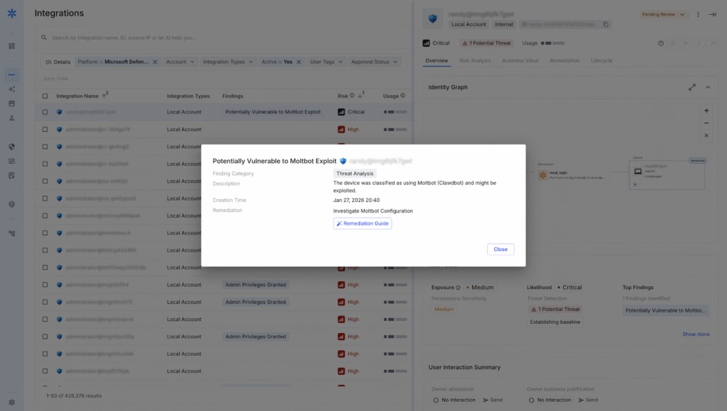 Moltbot exploit alert as flagged in the Astrix platform.