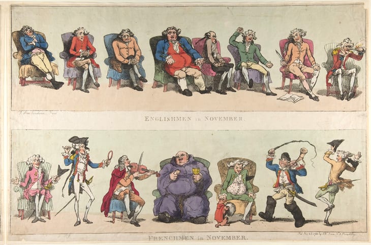 Cartoon by rowlandson showing various characters of the 18th century