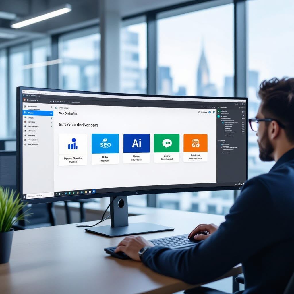 Over-the-shoulder view of a software developer working on a curved ultrawide monitor. The screen displays a web browser …
