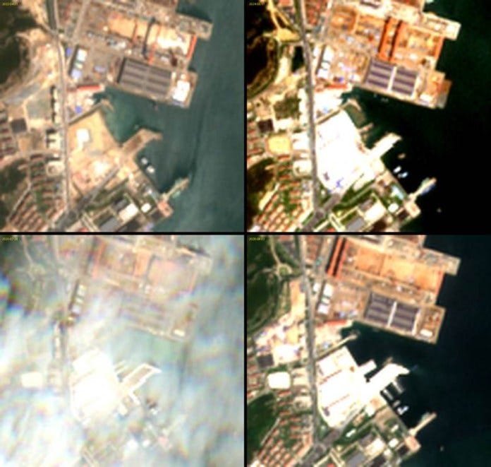 The plant at four dates. Clockwise from top left: April 2022 (cleared site), May 2024 (halls and pier complete), July 2025 (cloud-affected, footprint unchanged), August 2026 (pontoon berths added, a few small craft alongside, nothing on the hardstanding). Source: Copernicus Sentinel-2, processed from open data.