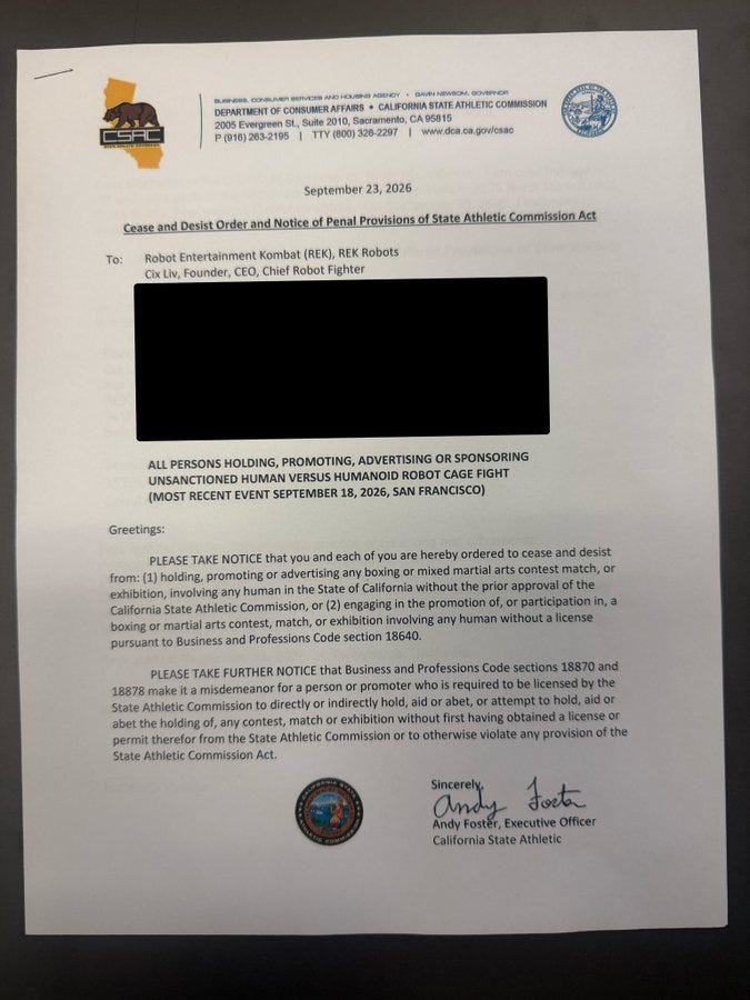 Cease and desist order letter with redacted section.