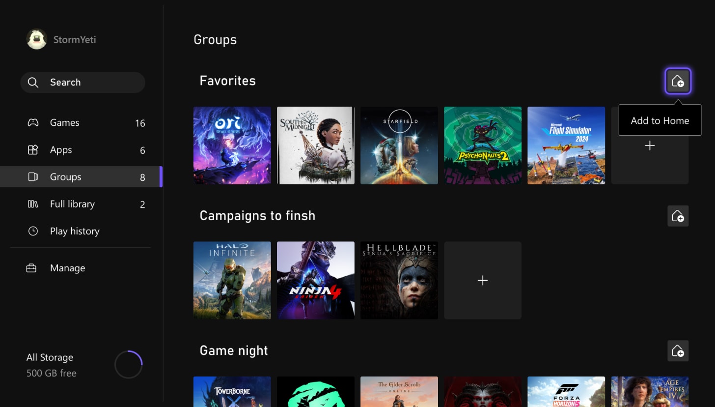 Xbox game groups