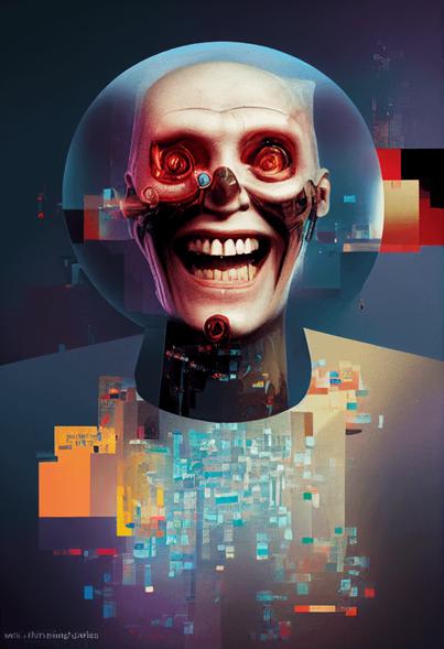 r/midjourney - evil computer artificial intelligence, laughing at, graphic designers losing their job