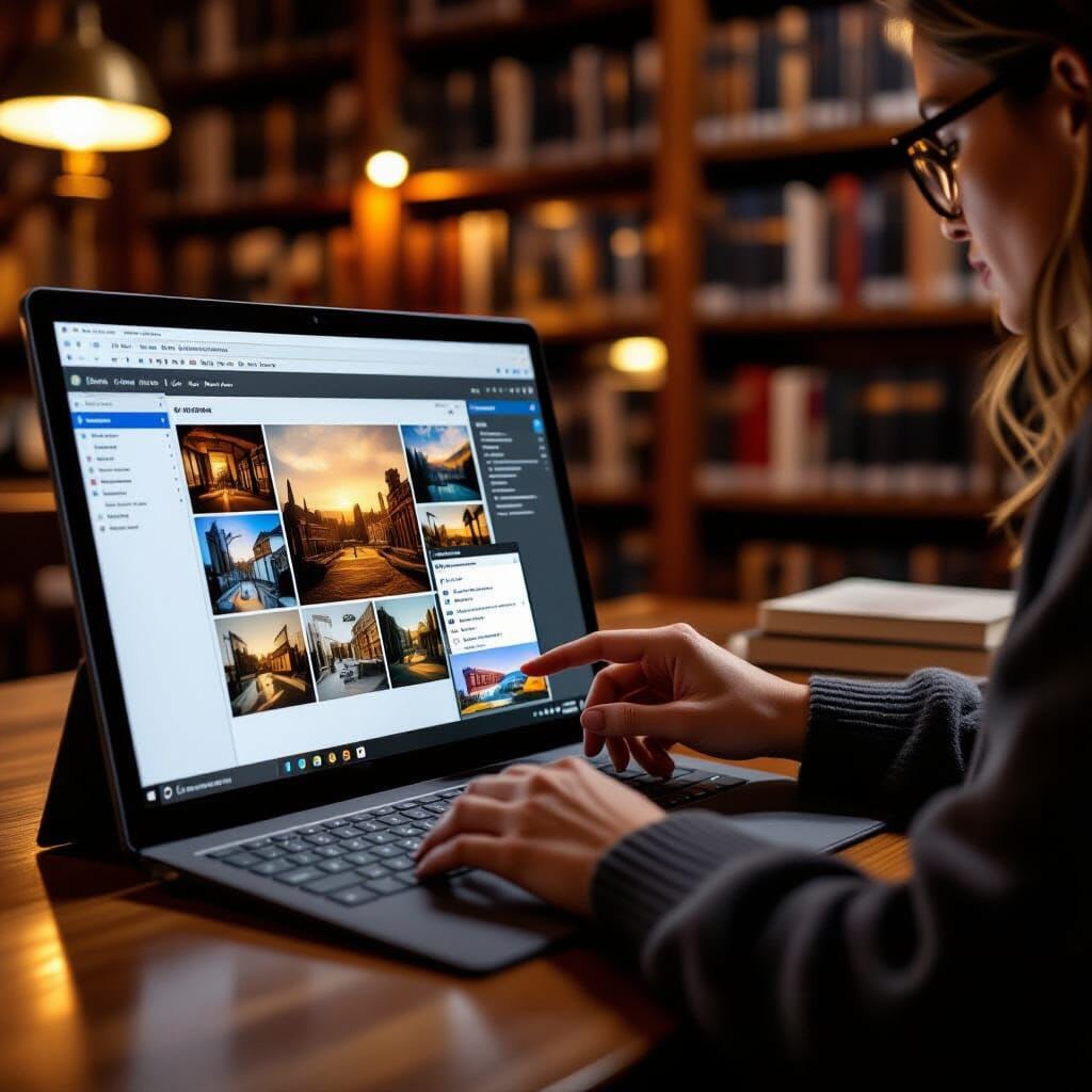 Close-up, eye-level shot. A dedicated researcher in a cozy library setting, using a Surface laptop. On the screen, a sid…