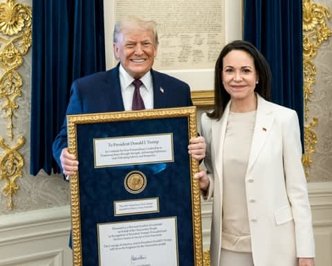 Donald Trump holds the Nobel peace prize medal in a large frame next to María Corina Machado in the White House.