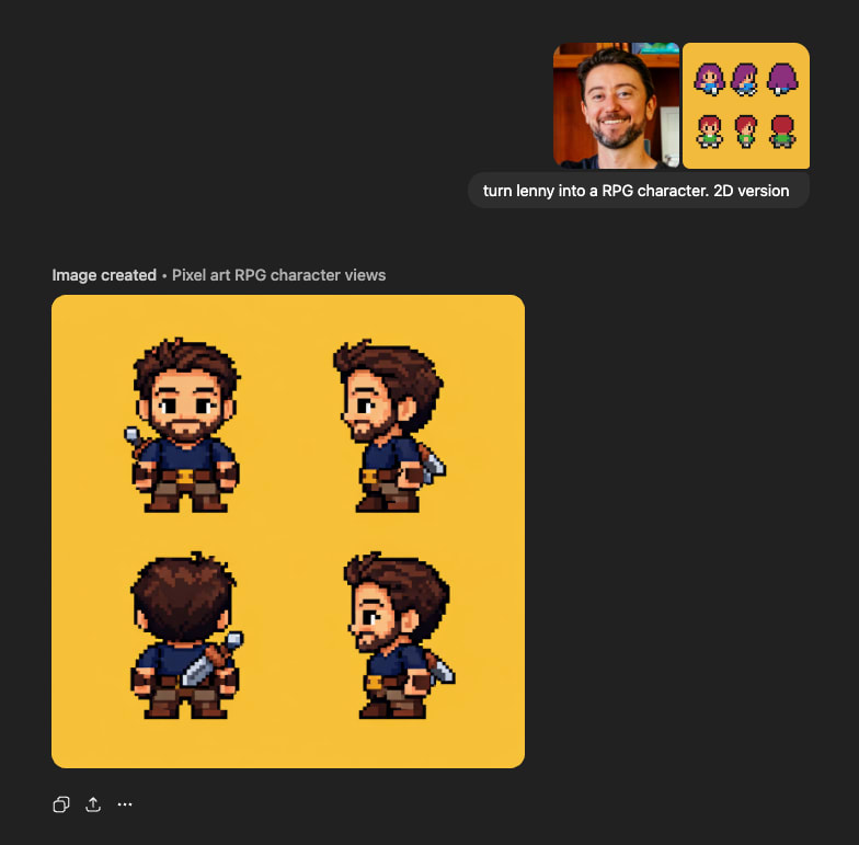 A 2D pixel art RPG character sheet on a yellow background, showing a bearded man with short dark brown hair wearing a blue shirt, brown pants, and a brown belt, depicted from front, back, left, and right views with a sword sheathed at his side in the profile views. A small profile photo and the text ‘turn lenny into a RPG character. 2D version.’ appear above, with the caption ‘Image created — Pixel art RPG character views.’ below.