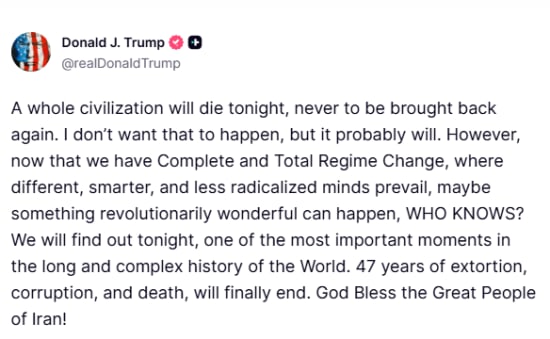 Trump Truth Social post warning Iran ahead of 8pm ET deadline.