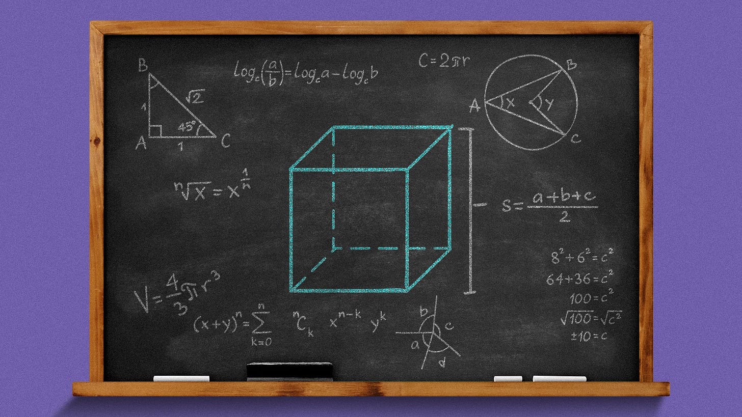 Illustration of a cube and equations written on a chalkboard.