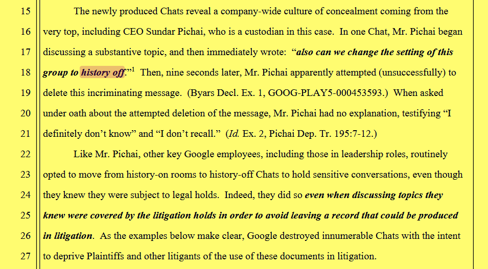 Court document showing Google CEO Sundar Pichai asking employees to turn chat history off