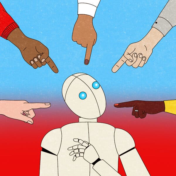 An illustration showing fingers from several hands pointing at a robot.